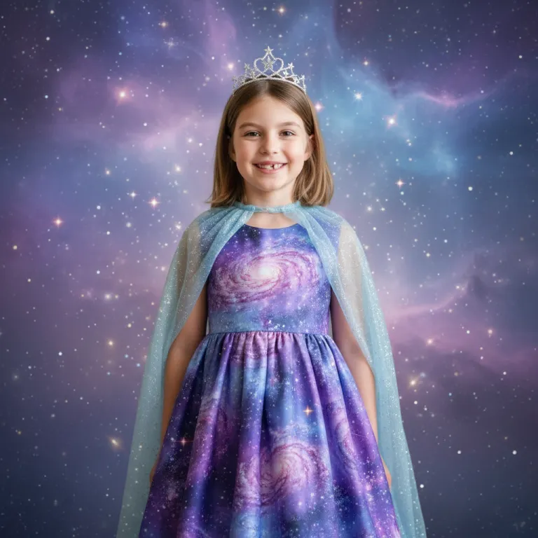 Child dressed as a cosmic princess in a galaxy gown with a star tiara