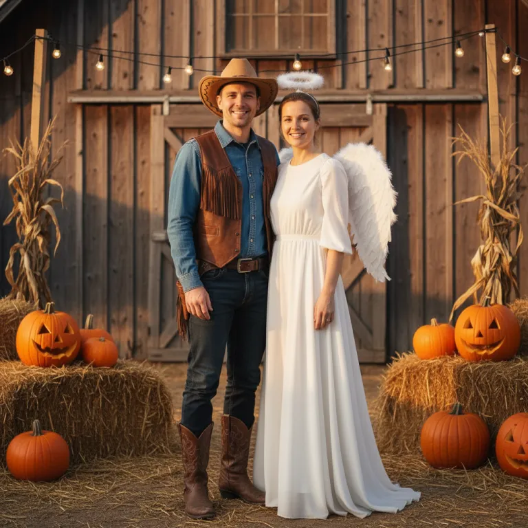 Couple dressed as a cowboy and an angel at a barn Halloween party with string lights