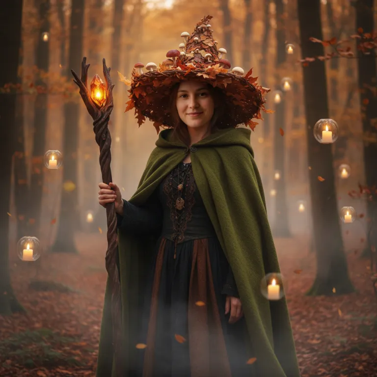 Woman dressed as a forest witch with a leaf-woven hat and green cloak among floating candles