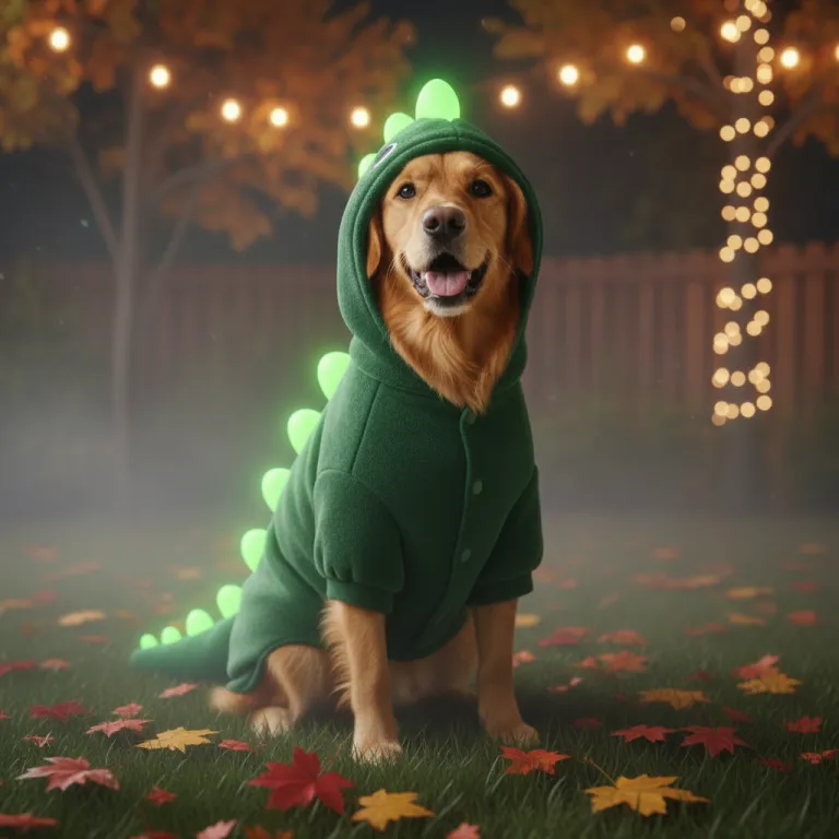 Dog in a plush dinosaur costume with softly glowing spikes in a foggy backyard