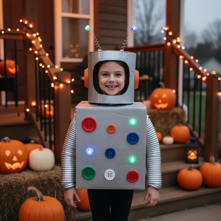Child in a friendly silver robot costume with glowing buttons on a pumpkin porch