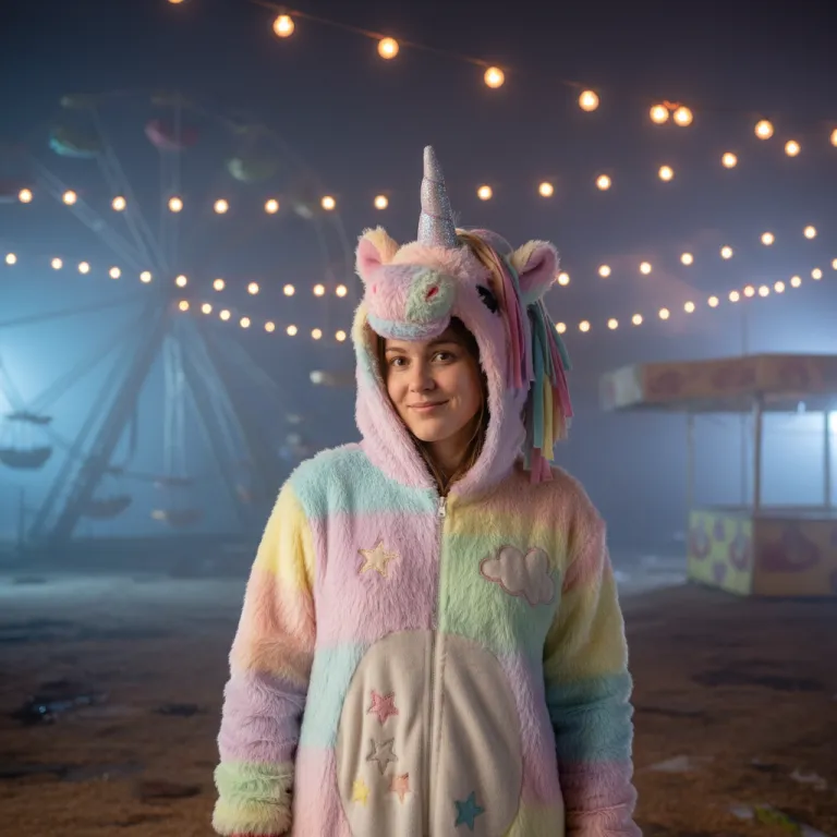 Woman in a fuzzy pastel unicorn mascot suit in a foggy abandoned carnival at night