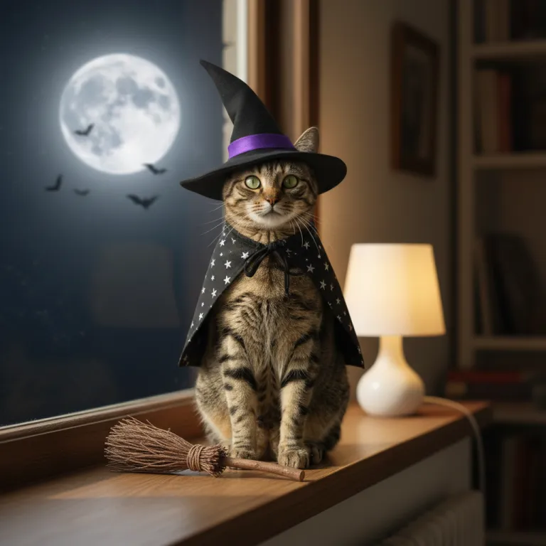 Cat wearing a tiny witch hat and star cape on a moonlit windowsill