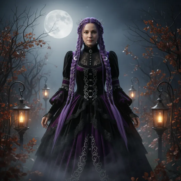 Woman in a gothic velvet Halloween costume with long violet braids in a foggy moonlit garden