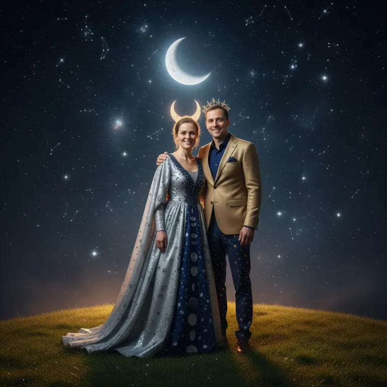 Couple in matching moon and star costumes under a starry night sky