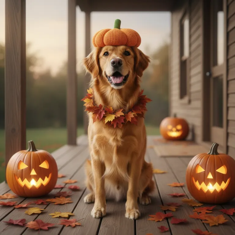 Dog wearing a knitted pumpkin hat beside glowing jack-o-lanterns on a porch