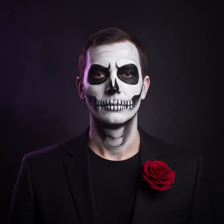 Man with detailed skeleton face paint and a black suit under purple rim light