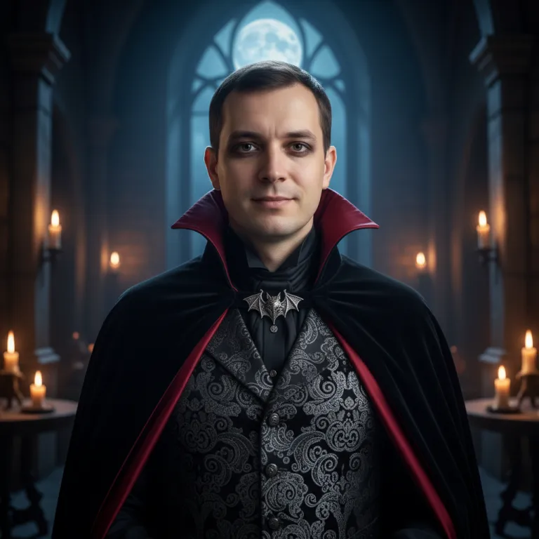 Man dressed as a Victorian vampire with a crimson-lined cape in a candlelit stone hall